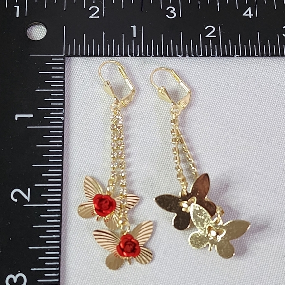 Gold Dangle Earrings with Butterfly and Red Rose Flower - Picture 6 of 11